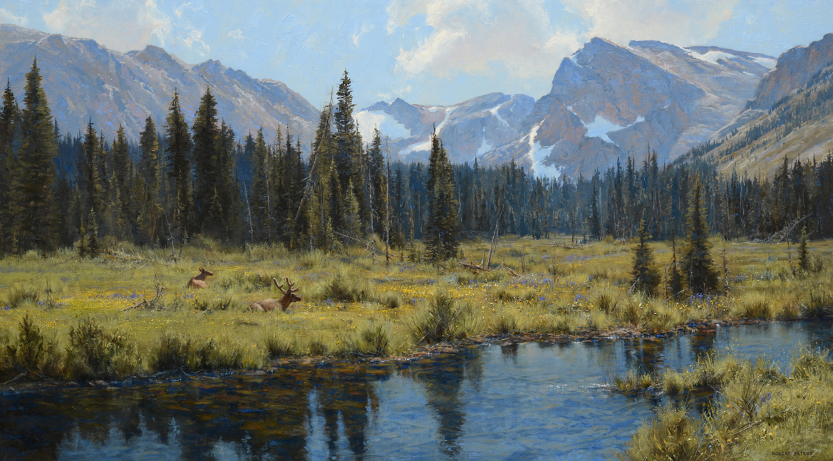 Robert Peters "Indian Peaks Sanctuary" 28x50 oil - Broadmoor Galleries